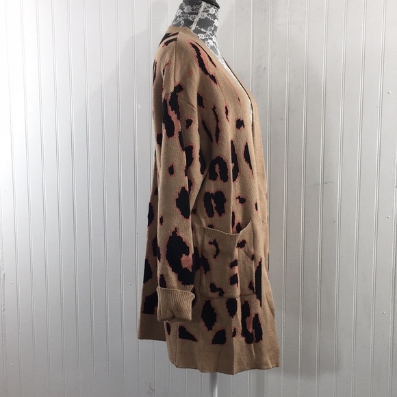 Zesica Tan‎ Pink Leopard Knit Cardigan Womens Medium Tunic Sweater Open Front - Picture 2 of 10